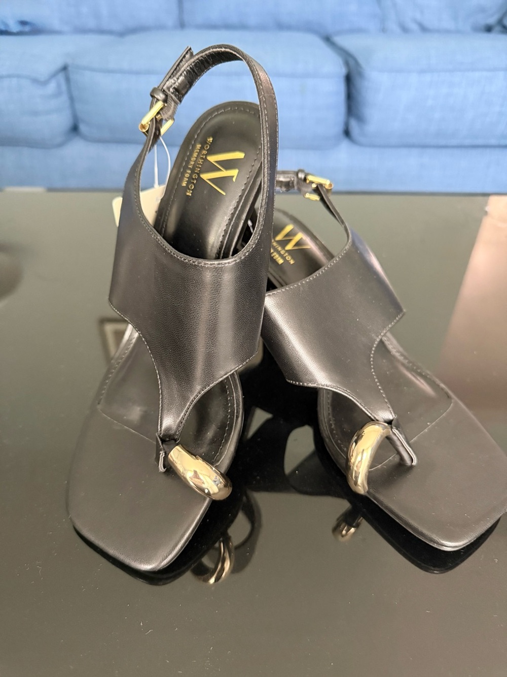 Worthington Black Leather T-Strap Sandals with Gold Accent New without Box.